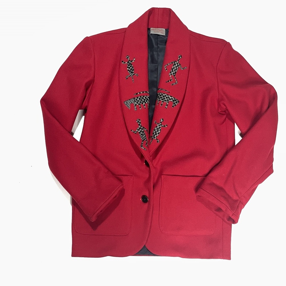 Deborah Cross Jacket Womens M Red Wool Embroidered Blazer Long Sleeve Artsy
